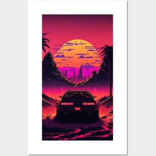 Synthwave Sun DeLorean Posters and Art